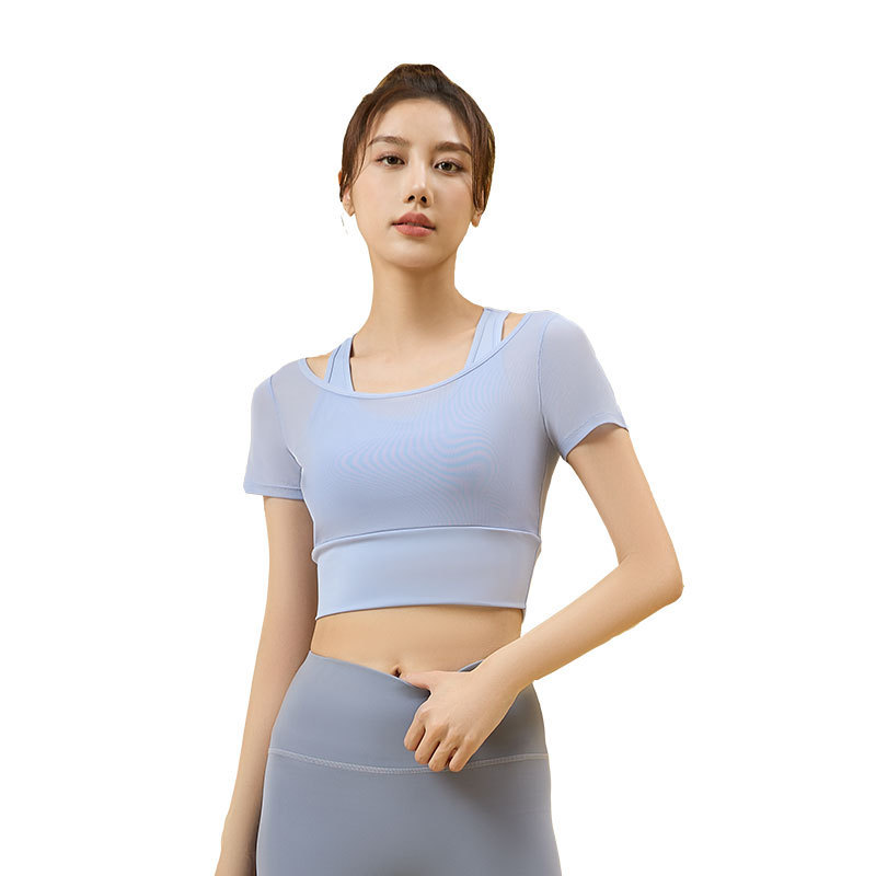 Ropa de yoga de temperamento de hilo de red, ropa de gimnasia deportiva nueva para mujer, entrenamiento de Pilates, manga corta falsa de dos piezas