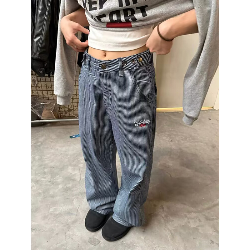 Ccye American Original Embroider Retro Casual Vertical Stripesd Jeans for Men and Women Straight Versatile Loose Pants Slimming Look