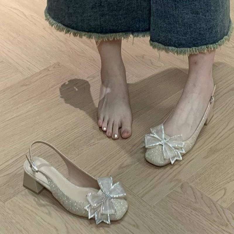 法式绝美气质粗跟高跟鞋包头凉鞋子女春夏季新款亮