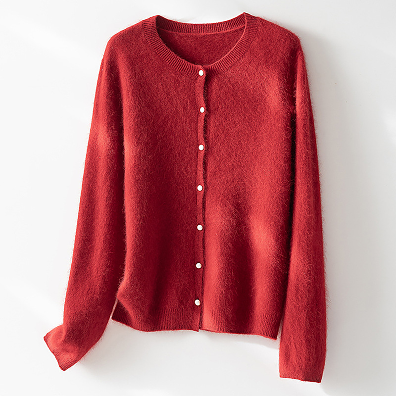 [Heavyweight Fleece] 28-count cashmere wool mulberry silk round-neck knitted cardigan for women, autumn single-breasted jacket