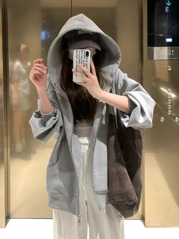 酒红色拉链开衫卫衣连帽外套女2025新款休闲宽松慵懒风长袖上衣服|undefined