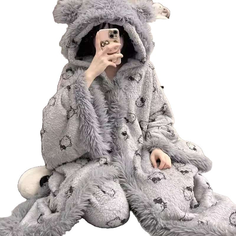 卡通可爱米奇连帽珊瑚绒睡袍加绒斗篷加厚恐龙梨家居服披肩款网红|undefined
