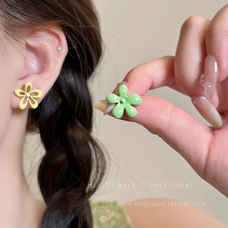 17 # Macaron yellow and green contrasting color ab hollow flower earrings