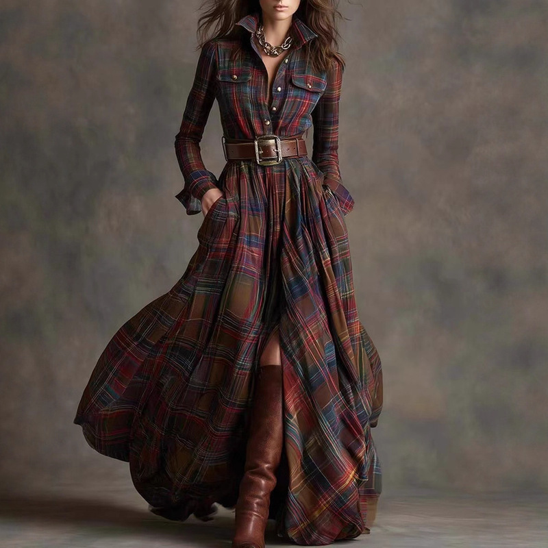 Free Belt, Cross-Border European and American Style, 26 New Spring/Summer French Style Women's Clothing, Retro Plaid Long-Sleeved Long Dress