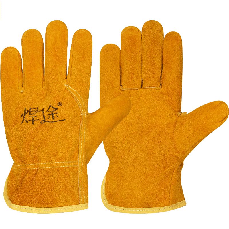 Guante de soldadura eléctrica con algodón grueso resistente al desgaste, aislamiento térmico resistente a altas temperaturas, resistente a quemar manos, guante de soldadura protector de piel de vaca de dos capas