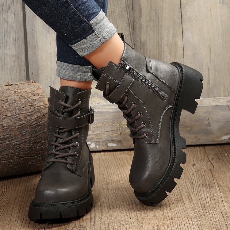 New autumn winter British style motorcycle boots thick soled belt buckle vintage ankle boots plus size_voghion.com