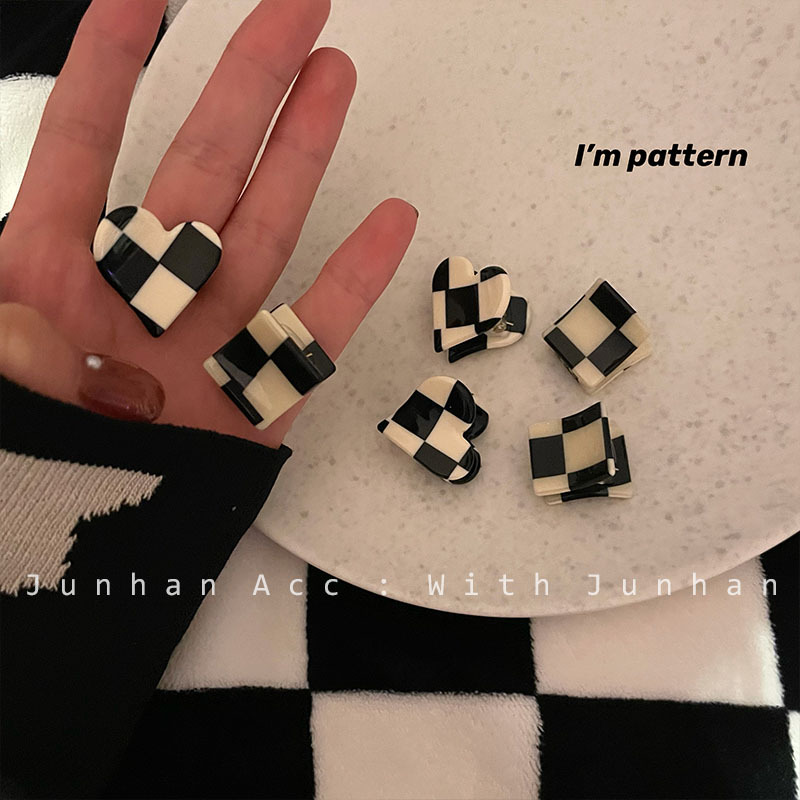 韩国INS气质仙气黑白棋盘格盘发马尾小抓夹造型气质发夹发饰少女|ru