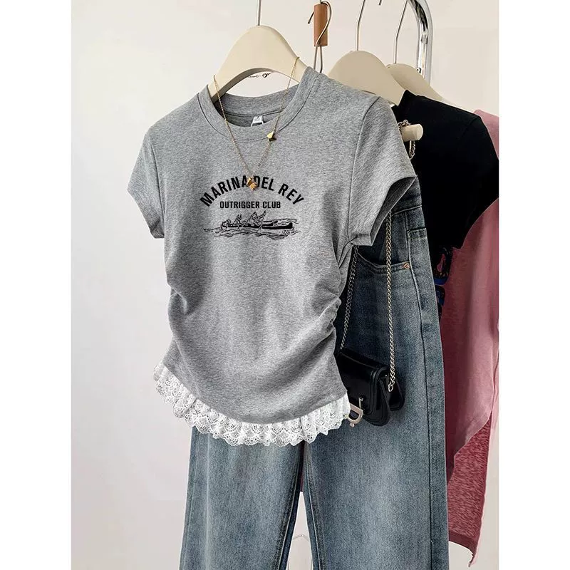 Женская летняя футболка 2025 года, новая дизайнерская модель, короткий топ с короткими рукавами, кружевная, на одно плечо, стройнящая