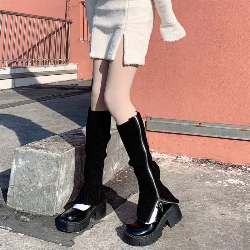 Wollsocke würzige Mädchen, neue lange Beinärmel für Herbst- und Winterfrauen, JK warmer, einfarbiger, vielseitiger Strickreißverschluss_voghion.com