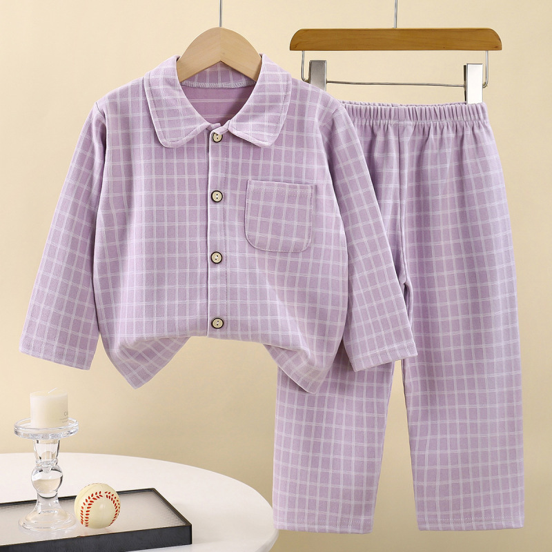新款童装家居服套装儿童方格子暖绒翻领家居服男童睡衣宝宝居家服|undefined