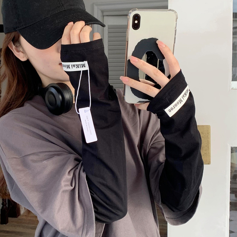 Pure Color Label Sunscreen Sleeve Cover for Women Loose Pure Cotton Arm Guard Arm Sleeve Sunshade UV Protection Ice Silk Ice Sleeve Wholesale