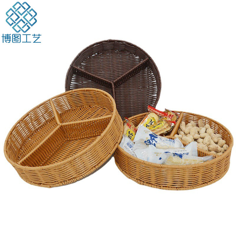 Round Snack Sorting Basket Handmade Rattan Living Room Desktop Tray Snack Basket Children's Toy Organizer Storage Box