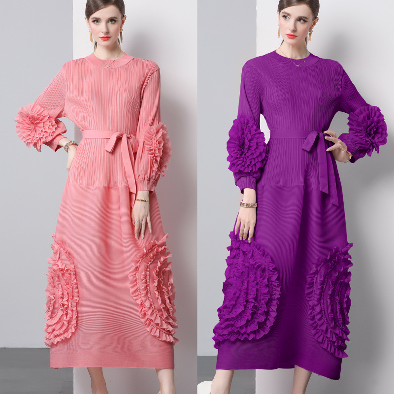 Miyake New Pleated High-end Fashion Lace Elegant Temperament Lace Bubble Sleeve High Waist Design Sense dress Women