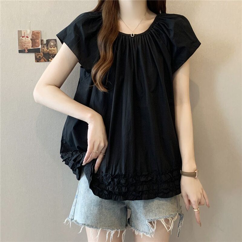 Plus-Size Design Ruffled Short-Sleeve T-Shirt for Women, New Summer Style, Loose and Slimming, with a Patchwork Design