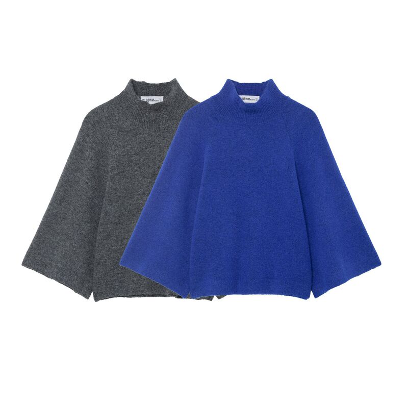 Foreign Trade Wholesale Autum New European and American Style Wide-Sleeved Two-Color Pullover Comfortable Knitwear 5536213