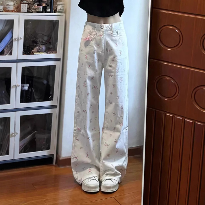 White Slim Straight-Leg Jeans for Women 2025 New Floral Versatile Slimming Loose Lazy Drape Wide-Leg Pants
