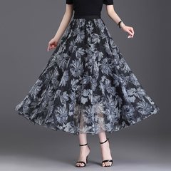 夏のスカートの女性の中年のお母さんの高腰のa字の大きいスカートのプリントの長いスカートは足首の半身のネットのスカートまで行きます。