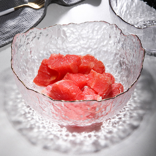 Household large irregular vegetable and fruit dessert salad bowl Japanese style cute gold painted creative transparent glass bowl