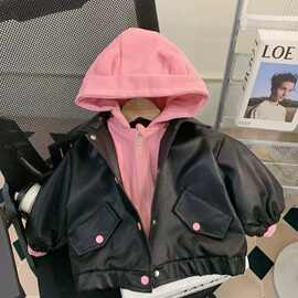 女童连帽皮衣外套春季新款儿童洋气时髦宝宝春装休闲夹克上衣