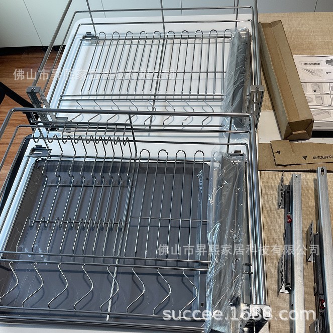 Comercio exterior 304 gabinete de acero inoxidable canasta de platos de cocina canasta de doble cajón almacenamiento personalizado mayorista