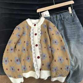 设计感小众法式蕾丝拼接毛衣外套女冬季新款巨好看宽松针织衫百搭