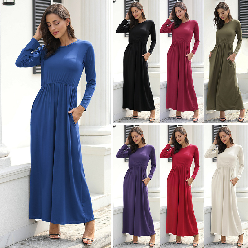 2019 New Cross-border in stock Amazon Explosions Autumn and Winter Round Neck Solid Color Super Long Pocket Casual Long Sleeve dress