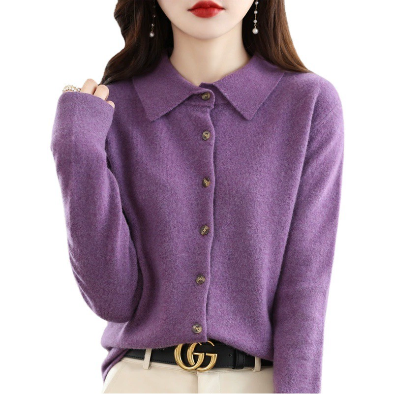 POLO Воротник 100 Шерстяной трикотаж Женский кардиган Свитер с длинным рукавом Рубашка Повседневный Универсальный кашемировый свитер Куртка