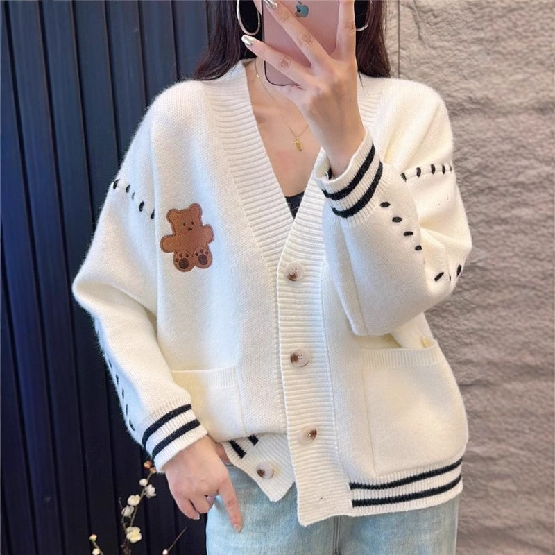 Oso perezoso suéter cardigan mujeres otoño estilo universitario nicho con cuello en V suéter estilo japonés suave glutinoso más tamaño abrigo grueso image 5