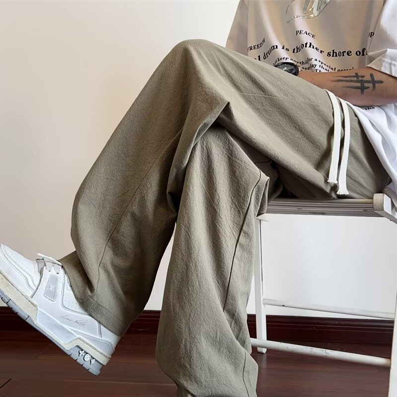 Linen Pants Men's Summer Thin New Trendy Casual Cotton and Linen Pants Loose Straight Wide Leg Trousers Wholesale