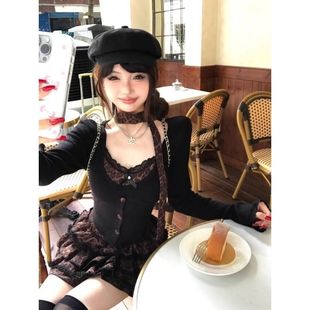 小豹貓秋季千禧辣妹風顯瘦蕾絲長袖T恤假兩件上衣豹紋蓬蓬裙套裝