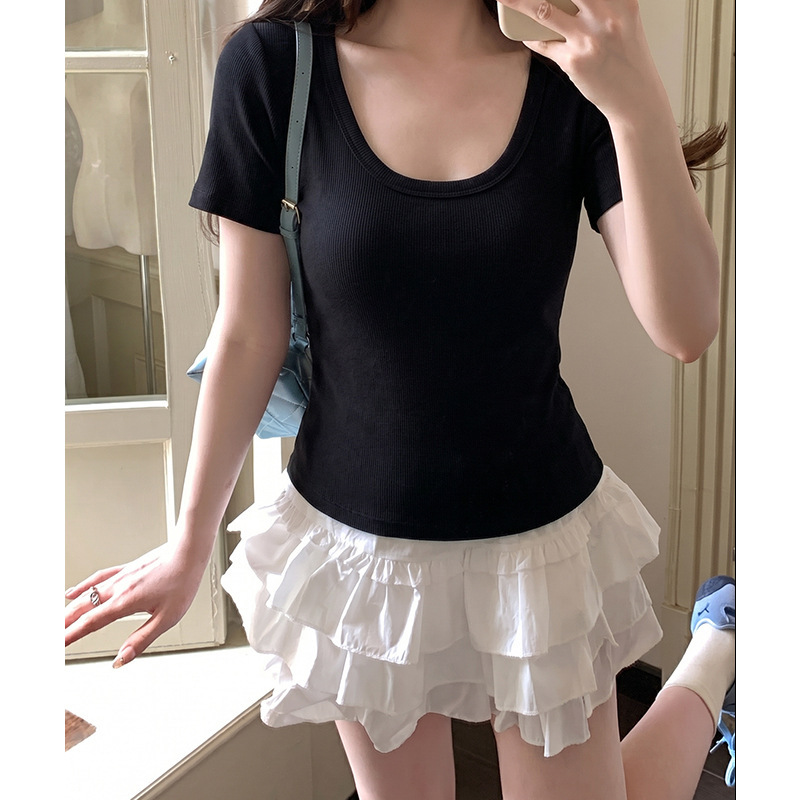 Ai Real Price Basic Solid Color U-Neck Regular Shoulder Short Sleeve T-Shirt for Women 2026 New Versatile Slim Fit Low Round Neck Top Ai Real Price Basic Solid Color U-Neck Regular Shoulder Short Sleeve T-Shirt for Women 2026 New Versatile Slim Fit Low Round Neck Top