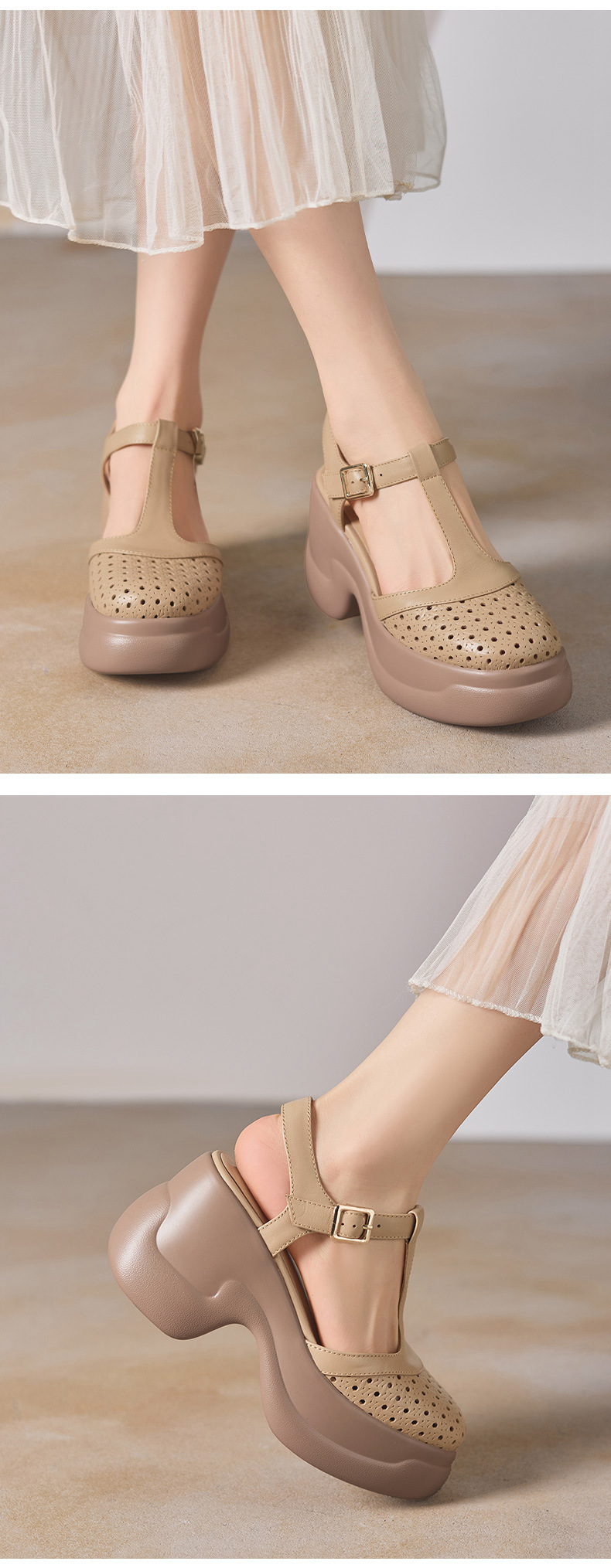 Sandal cao gót nữ quai ngang khóa T, đế dày 9.5 cm, gót thô — màu trắng ngà chi tiết 4