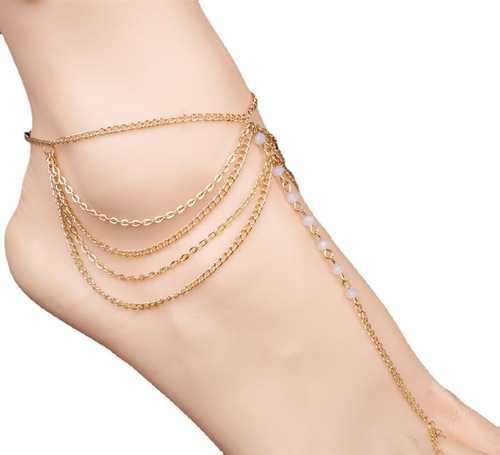 European and American cross-border fashion women's jewelry beach footwear multi-layer tassel chain crystal beaded mitten anklet