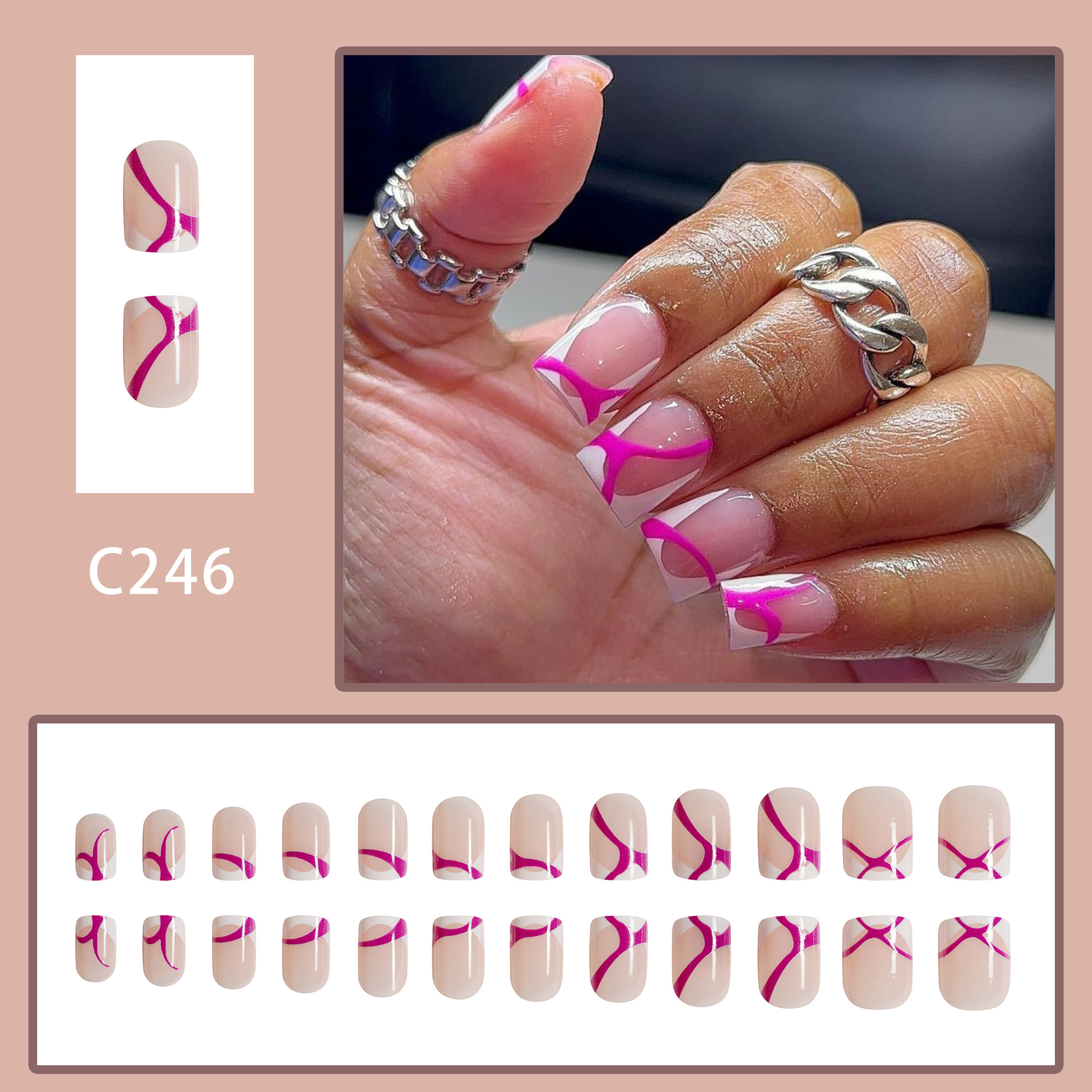 French Style Glossy Square False Nails Irregular Lines 24 Pieces_voghion.com