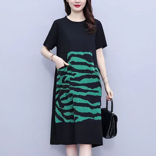 Summer New Fat Women Loose Plus Size Belly Covering Slimming Elegant Youthful Print Splicing Plus Size Dress Women