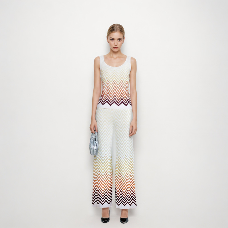 MISSONI Nanyou 고급 봄 여름 흰색 민소매 탑 하이 웨이스트 바지 물결 모양의 줄무늬 니트 패션 슈트