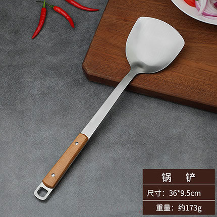 Pala de cocina personalizada Juego de utensilios de cocina de acero inoxidable Cuchara de pala de mango de madera para el hogar Cuchara de olla caliente de cocina Cuchara para freír