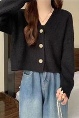 2025V领原版针织开衫女宽松慵懒风长袖毛衣外套披肩外搭短款毛衣