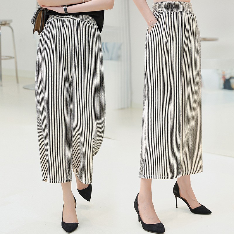 Middle-Aged and Elderly Women's Summer Polyester-Cotton Cropped Pants Thin Middle-Aged Mother's Wear Elastic Waist Large Size Stripesd Wide-Leg Pants
