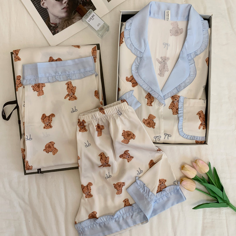 [Teddy Bear] Three-Piece Set of Korean-Style Cartoon Bear Loungewear Pajamas, Short-Sleeved Shorts, Soft Silk Set
