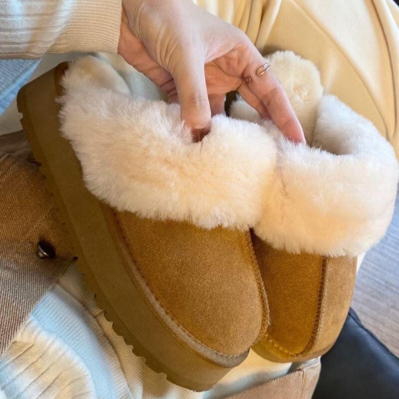 Qian Songyi Wool Thick-Soled Slippers Women's Snow Boots Fur Integrated Anti-Slip Sole Thickeneded Genuine Leather Wool Warm Large Size