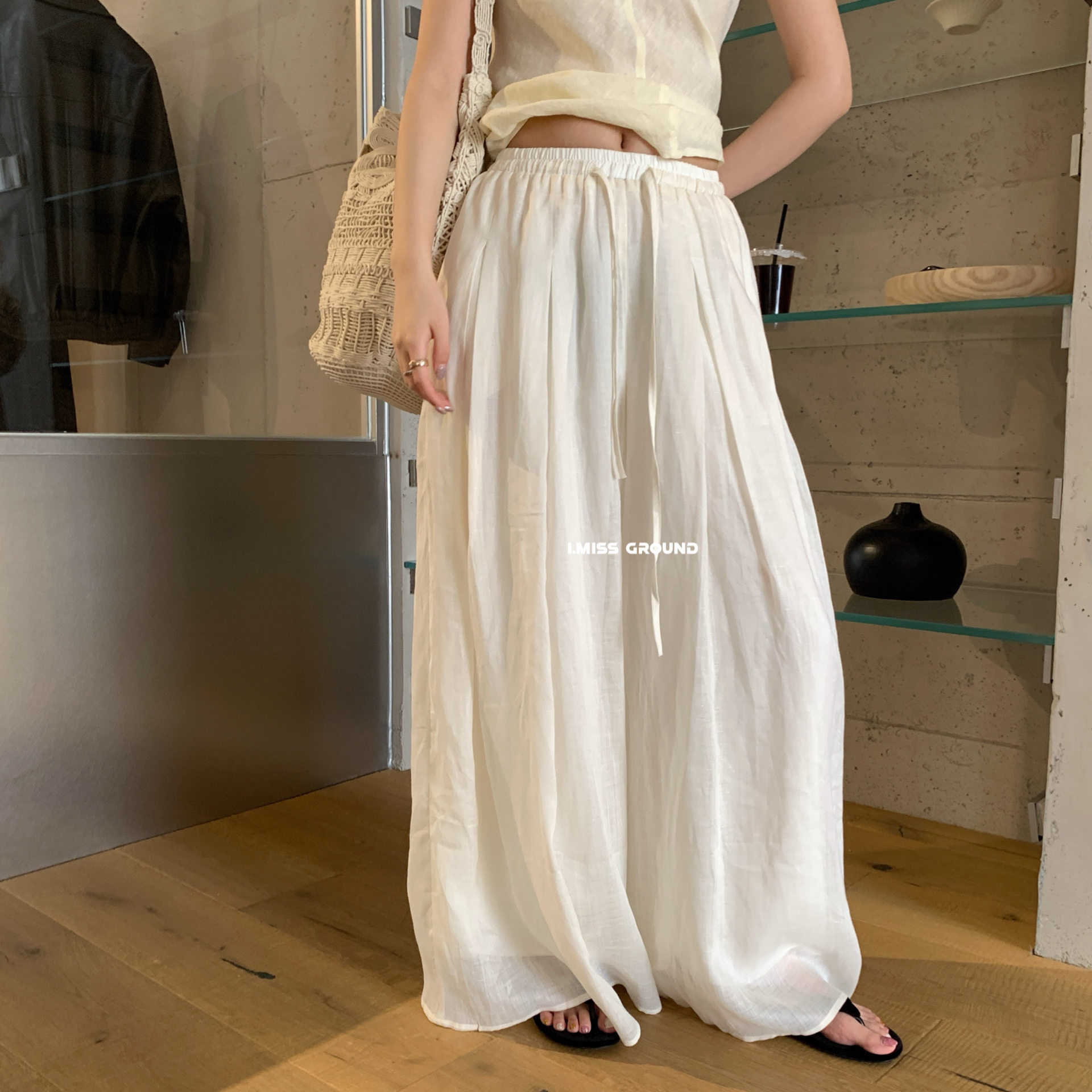 Quần culottes ống rộng chất liệu ramie mát mẻ, cạp chun, phong cách nghỉ dưỡng — màu hồng, Màu xanh sữa, màu mơ