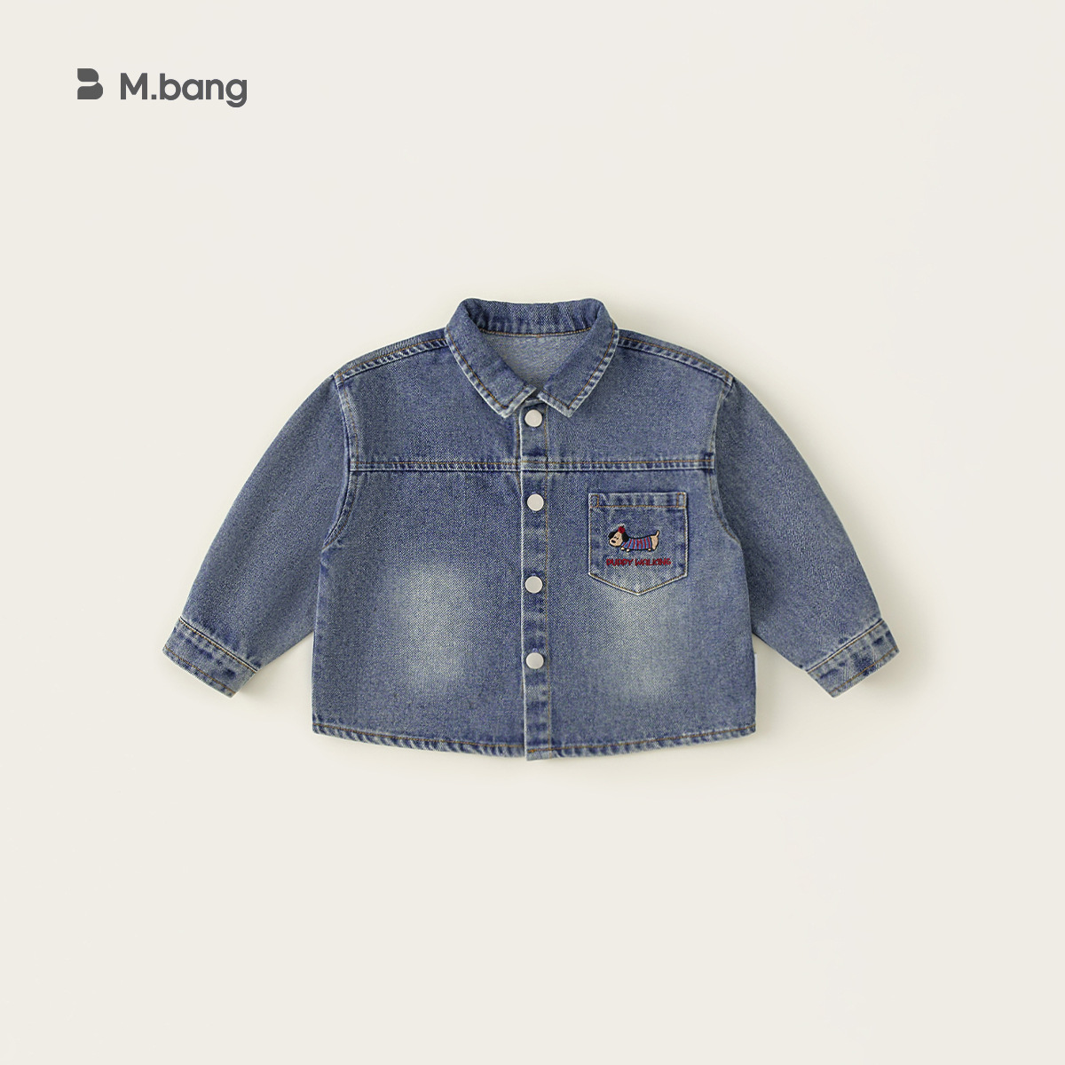 宥宝童装男童春季翻领上衣外穿卡通小狗绣花衬衫儿童复古牛仔外套