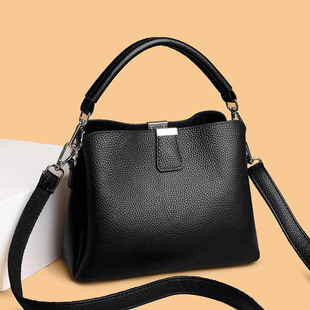 Genuine Leather Bucket Bag 2025 New Trendy Fashionable Handbag Simple Textile All-match Top Layer Cowhide Shoulder Crossbody Bag