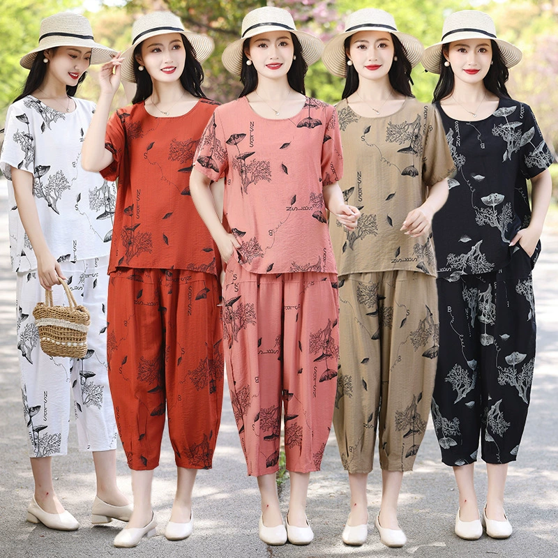 Mom Summer Guo Wind Set New среднего и пожилого летнего платья с короткими рукавами топы большого размера модный свободный набор из двух частей