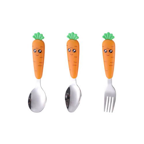 304 stainless steel children's tableware set, creative cartoon radish-shaped spoon, fork, and mud scraper, baby eating spoon and fork