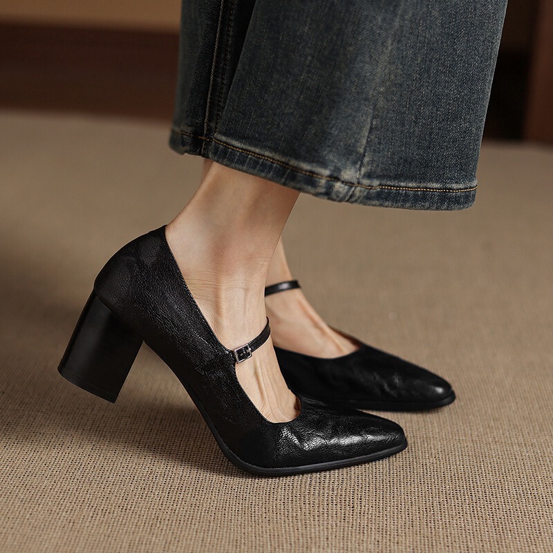 2025 New Autum Thick Heel High Heel Buckle Shoes Steel Toe Goatskin Fashion Pure Color Simple Women's Shoes