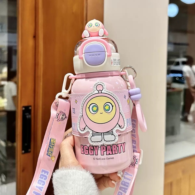 保温カップ 女子用 ストロー付き水筒 大容量 ダブルドリンクカップ ポータブル 316ステンレス 学生用 ダブルドリンク 漫画柄|undefined