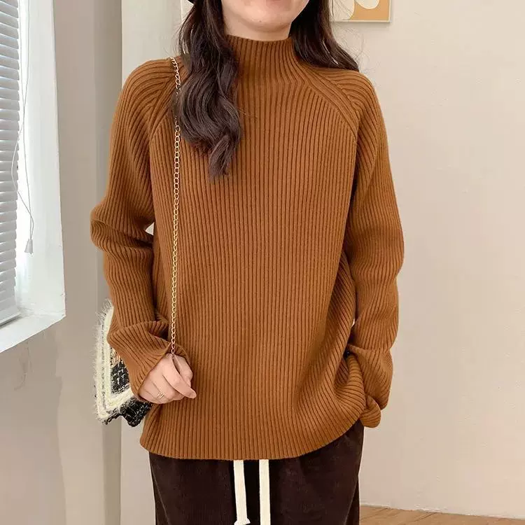 烟管领中长款毛衣女冬季宽松慵懒风外穿套头半高领加厚针织衫长袖