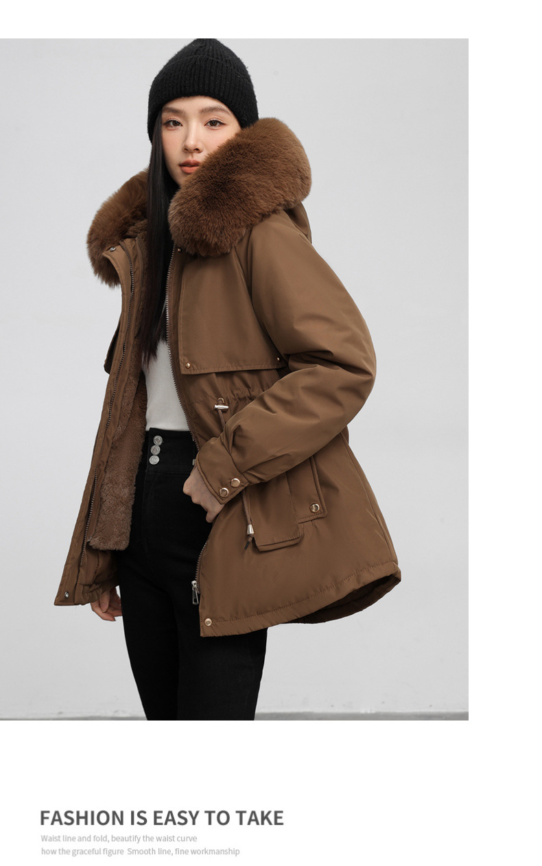 Chaqueta de algodón entallada mujer con capucha y pelo invierno_voghion.com